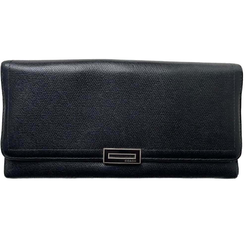 Vintage 1990s Coach Leather Long Combination Check Wallet Black Classic Coastal
